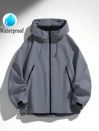 Men's Windbreaker, Men's Solid Color Hooded Minimalist Jacket, Street Style Zip-Up Jacket With Cuffs, Spring/Autumn