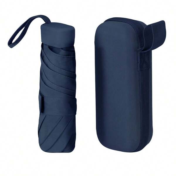 Paraguas Plegable Mini Ligero Antiviento de Viaje, Compacto y Resistente, Apertura Manual con Varillas de Fibra de Vidrio y 6 Paneles, Mango Ergonómico y Cinta a Juego, Incluye Funda Rígida de PU con Cremallera y Funda de Poliéster 190T, Peso 220 g, Diámetro 90 cm