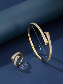 两件套首饰：开口手镯和戒指，方形立方氧化锆设计，简约中性风格，适合女性日常及节日佩戴。 - 003512 - 查看 9