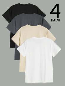 4 件男士纯色休闲运动短袖 T 恤，夏季 T 恤 - 彩色 - 查看 4