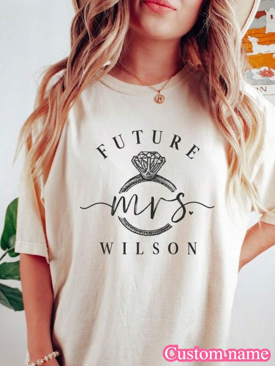 1pc Personalized Future Mrs Shirt, Bachelorette Shirt, Engagement Gift For Her, Fiance Shirt, Custom Shirt, Bridal Shirt, Wedding Party Tees - 白色 - 查看 1
