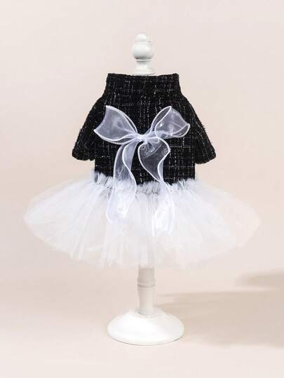 1 Set Pet Tulle Dress With Bowknot, Cute Fashion Printed Dress + Bowknot Pet Costume, Elastic Mesh Princess Pet Dress For Dogs & Cats