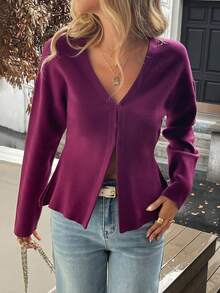 PoPoHouse Women's Elegant Solid-Color Knit Sweater With Dropped Shoulders For Women, Suitable For Autumn And Winter, Fashionable As An Outerwear Piece.