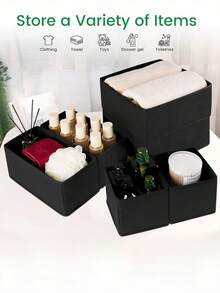 1/3/6pcs Non-Woven Fabric Storage Boxes, Clothes Closet Divider Storage, Foldable Storage Box Set, Clothes Bra Socks Underwear Organizer Box, Drawer Wardrobe Dust-Proof Storage Box, Suitable For Wardrobe Drawer Desktop Storage - Black - View 3