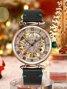 Women's Starry Series Fashion Mechanical Watch, Scratch-Resistant Hollow Dial, High-Quality Leather Strap, Ideal Gift