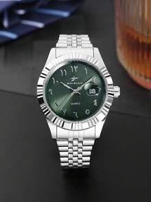 1 chiếc đồng hồ đeo tay nam thanh lịch, mặt số bạc, dây đeo thép không gỉ, có chức năng hiển thị ngày, thích hợp làm quà tặng cho nam giới. - Bạc - Xem 12