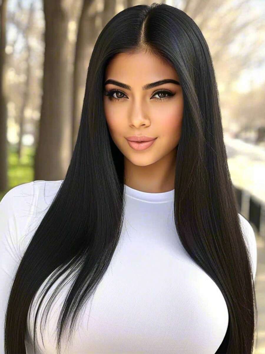 28 英寸女士黑色直发中分假发，耐热，优雅顺滑，百搭，适合圣诞节、狂欢节，适合所有女性 - 彩色 - 查看 1