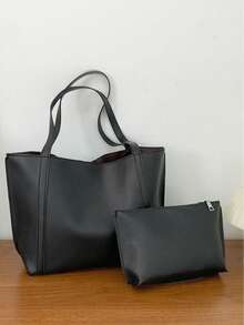 Minimalist Shoulder Tote Bag And Inner Pouch Black Vintage Tote Bag Large Capacity Solid Color Shoulder Bag, Small Bag, Mother And Child Bag, Large Capacity Single Shoulder Tote Bag,School Bag,Large Capacity,Portable,Classic Casual,Business Casual,For Teen Girls Women College Students,White-Collar Workers,Perfect For Work,Back To School,Middle School,High School,College,Vacation, New Fashionable Big Bags For Women