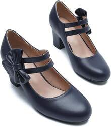 Enelauge Women's Mary Jane Heels With Bow Retro Closed Round Toe Pumps Sweet Ankle Strap Low Block Heels Chic Bowtie Vintage Dress Wedding Party Office Daily ShoesChristmas - 海軍藍啞光 - 查看 9