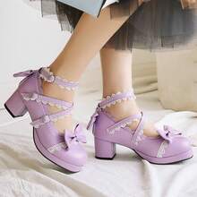 Women Lolita Cosplay Shoes Cross Strap Block Heel Mary Jane Lace Pumps-20256688 - 紫色 - 查看 10