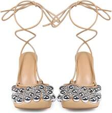 Saint Leia Women's 4IN High Heel Sandals Nude Stiletto Pumps With Gold Silver Pearls Heels For Weddings Parties And Evening WearChristmas - 裸銀 - 查看 4