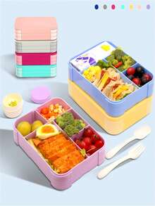1 pièce Boîte à lunch portable avec ustensiles, tasse à salade, design carré pour micro-ondes - Grande boîte à lunch Bento 4 compartiments pour l'école, le bureau, les voyages, le camping, les pique-niques en plein air, le rangement de cuisine, convient aux filles et aux garçons, disponible en bleu, gris, jaune