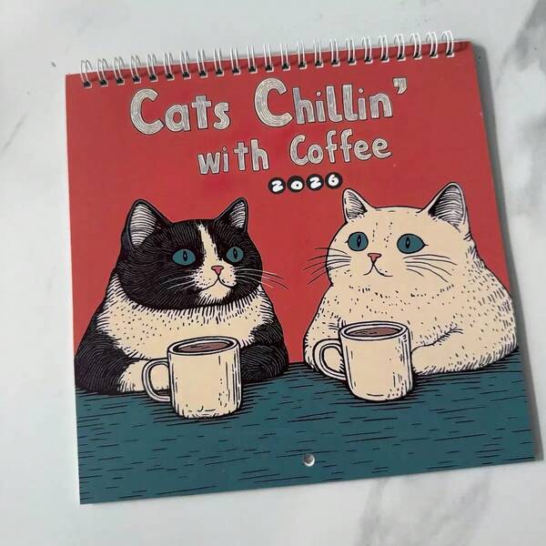 1 Pc 2026 Cat Cafe Calendar, 12 Months Artwork Design, Llustrations And Artwork Inspired Design, Perfect For Hanging Decoration, Home Office, Personal And Professional Scheduler, Wall Calendar, Planning Tool, Minimalist Design, Spiral Binding Design,Halloween, Halloween Gifts, Christmas, Christmas Gifts, Thanksgiving, Birthday Gifts, Valentine's Day, Wedding Gifts,Back To School Season, Graduation Season