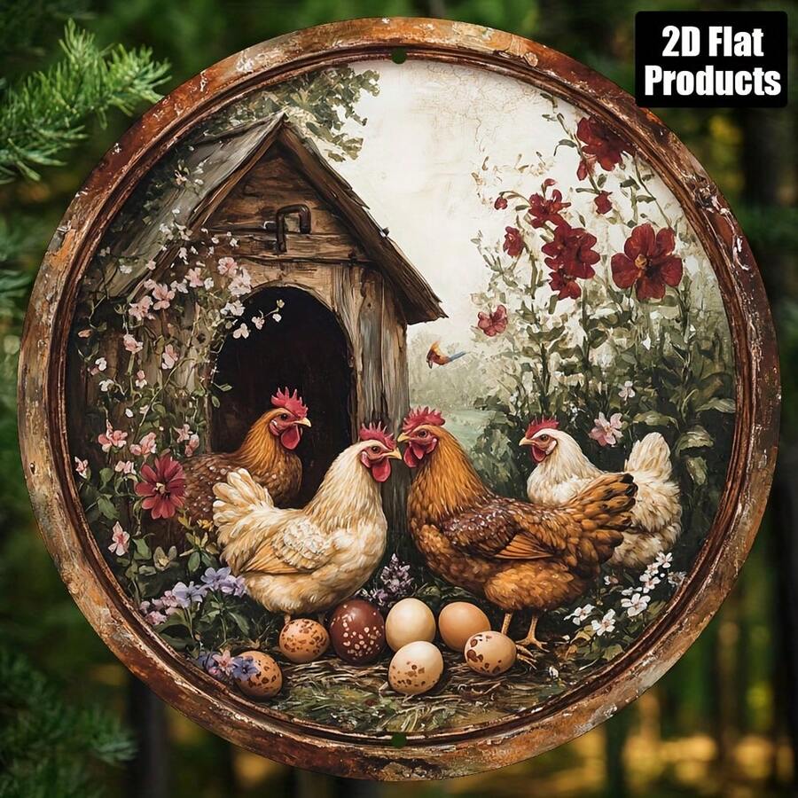 1pc 2D Flat Circle Logo Wall Art, Vintage Chicken & Egg Metal Theme, Bar Kitchen Cafe Sign, Perfect Gift For Friends, Suitable For Home Office Decor, Party Decor, Random Hole Positions