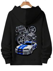 Sudadera con capucha gráfica automotriz para hombres - Diseño de motor de coche de carreras y ruedas - Sudadera con capucha suave con bolsillo delantero - Ropa de calle fresca de otoño/invierno para entusiastas de los coches - Regalo de Halloween para chicos, sudadera con capucha de coche, ropa casual, aspecto deportivo, tela duradera, ropa unisex, amantes de urbana, moda de otoño, impresión de alta calidad, amantes de la ropa urbana - Negro - Ver 4