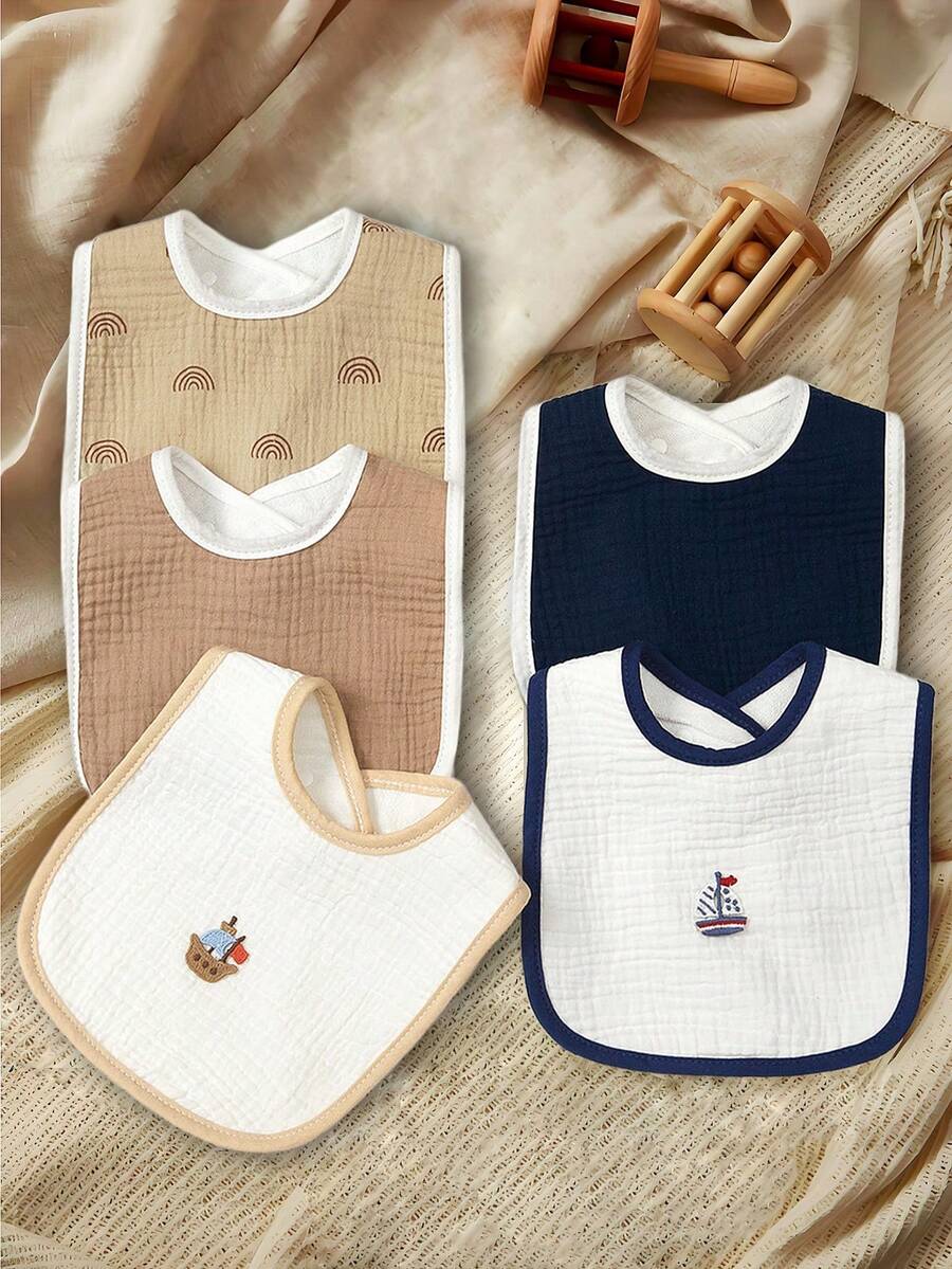 5件装柔软婴儿U型围兜卡通刺绣图案多功能拍嗝巾婴儿喂奶口水垫 - 彩色 - 查看 1