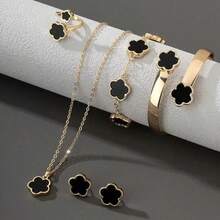 Five-Petal Flower 5-Piece Set Necklace Bracelet Bangle Earrings Ring Elegant Set - Hồng - Xem 5