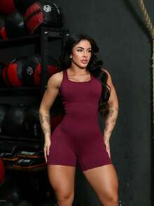 Seamless High Waist Ribbed Sports Gym Yoga Jumpsuit YI-60 - Burgundy - View 7