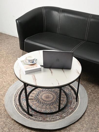Super life Nesting Coffee Tafel Set Of Two, Round Table, Wooden Marble Top Sturdy Metal Frame, Side Living Room, Bedroom, Balcony Patio view 11