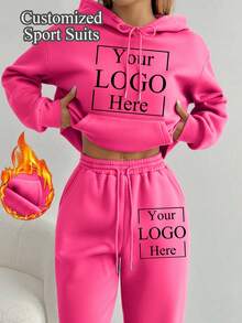 Customize Women's Fleece Suits, Add Your Own Photos, Customize Hooded Sweatshirts And Sweatpants, Customize Fall And Winter Fleece Suits - Hot Pink - View 1