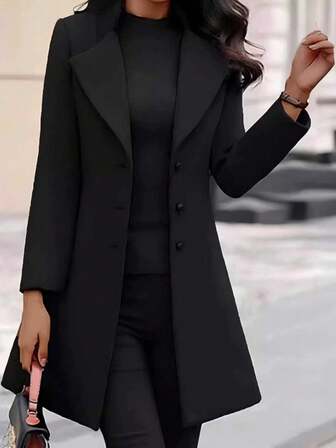 Women's Standard Size Lapel Button Solid Color Slim Fit Overcoat