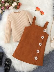 Corduroy Cami Dress & Long Sleeve Knit Sweater 2-Piece Set For Girls, Cute & Comfortable For Indoor & Outdoor Wear, Autumn/Winter - Màu Khaki - Xem 2