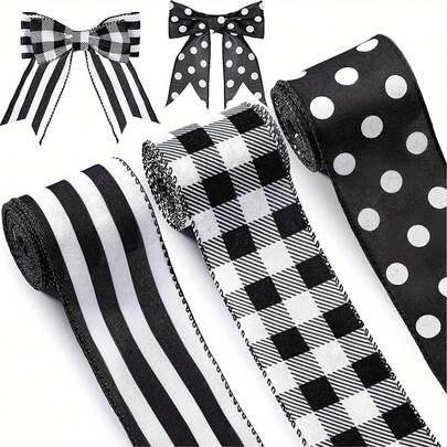 5 Yards X 2.5 Inches Black And White Striped Satin Ribbon With Wired Edge, Suitable For DIY Bow Decorations, Gifts, Holiday Decorations, Tree Wrapping, Gift Packaging And Floral Arrangements