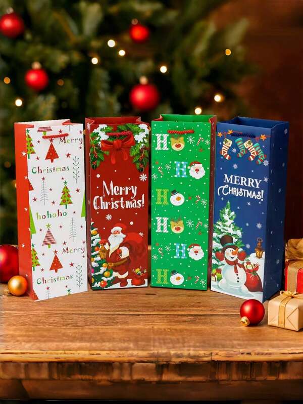 4PCS Christmas Wine Gift Bags Colorful Premium Kraft Paper Bottle Cover Wrapping Bags Bulk With Handles Gift Tags Reusable Holiday Wine Tote For Gifts Xmas Party Favours New Year Champagne Whiskey Liquor