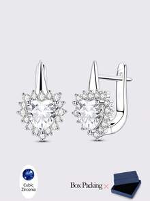1 Pair Original 925 Sterling Silver Women Hoop Earrings Bright Big Heart White Cubic Zirconia Elegance Earrings Jewelry Gifts Fits Daily Party Shopping - Silver - View 7