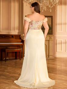 SUPGIR Plus 优雅女士抹胸花瓣袖亮片拼布褶皱开衩缎面晚礼服 - 香檳色 - 查看 2