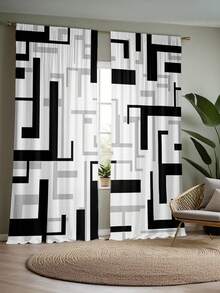 2 件抽象黑白几何方形数码印花窗帘，半透明窗帘，用于保护卧室和客厅的隐私 - 彩色 - 查看 6