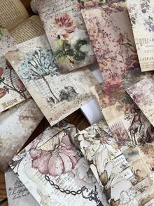 100pcs/Pack Vintage Handwritten English Modern Floral Poster Material Paper, Scrapbooking Supplies, School Supplies, Retro Magic Notebook, Galaxy, Ditsy Flower, Stationery, DIY Background Paper, Stationery Supplies