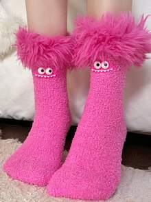 1 Pair Women's Autumn/Winter Christmas & Halloween Funny Colorful Plush Socks, Coral Fleece Warm Thick Cartoon House Socks, Cozy Socks