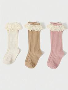 3 Pairs Kids Floral Lace Trim Solid Color Knee High Socks, Cute And Sweet For Girls' Everyday Wear, Spring/Summer - Multicolor - View 10