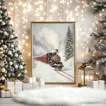 1 szt., płótno ścienne, dekoracje świąteczne, oprawione ozdoby świąteczne, śnieżny zimowy krajobraz, Święty Mikołaj, wystrój świąteczny w stylu rustykalnym, wystrój bożonarodzeniowy w stylu vintage, bałwan, choinka, pociąg świąteczny, dekoracja pokoju bożonarodzeniowego, wystrój salonu