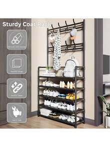 5-Tier Multi-Purpose Storage Rack,Hat Organizer Holder, Freestanding Coat Rack With 8 Double Hooks, 31.49 Inch Wide Hallway Shoe Rack, Entryway Coat Rack, Living Room, Bathroom, Hallway Shoe Rack Organization And Storage Home Decor Fall Decorations For Home Room Decor - Black - View 8