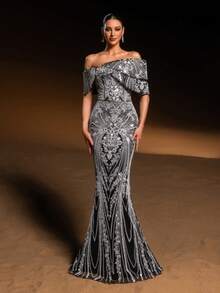 Faeriesty 高级魅力奢华美人鱼晚礼服，配有闪亮的花卉亮片和串珠刺绣、露肩设计、交叉后背系带、鱼尾裙和剪裁合身 - 非常适合婚礼、红毯活动、豪华晚宴和优雅的女性聚会