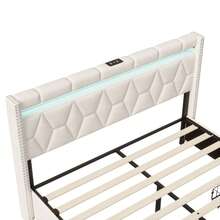 Stauraumbett 160 x 200 cm, Polsterbett mit LED-Kopfteil und USB-Ladefunktion, Doppelbett mit 4 Eisenschubladen Funktionsbett Jugendbett 160x200 mit Lattenrost, Rückenlehne Bettgestell, Ohne Matratze