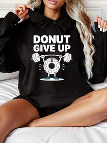 Women's Fashionable Black Hooded Sweater With Donuts Don'T Give Up Pattern Print - Warm Long-Sleeved Pullover, Casual Strap-On Hooded Sports Shirt, Suitable For All Seasons, Casual Pullover Shirt