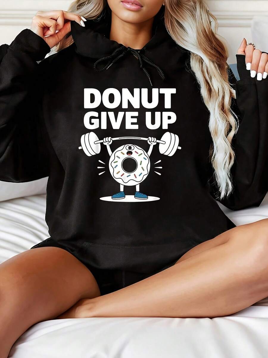 Women's Fashionable Black Hooded Sweater With Donuts Don'T Give Up Pattern Print - Warm Long-Sleeved Pullover, Casual Strap-On Hooded Sports Shirt, Suitable For All Seasons, Casual Pullover Shirt