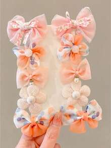 10pcs Cute Floral Bow Hair Clips, Sweet Cartoon Bow Decor Hair Accessories, Real Item Packaging Without Card - Orange - View 6