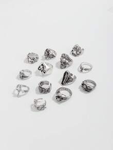 13pcs Gothic Style Skull Charm Ring Set, Fashionable Street Hip Hop Jewelry For Men - Antique Silver - View 4