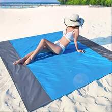 1 Piece Waterproof And Sand-Proof Beach Blanket, Foldable Beach Mat, Picnic Mat With 4 Corner Stakes For Outdoor Camping Travel Vacation Hiking - Blue - View 3
