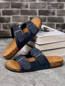 Women's Blue Adjustable Double Buckle Soft Cork Sandals, Open Toe Slides With Arch Support, Comfortable Beach Shoes For Casual, Vacation, Pool And Daily Wear - Navy Blue - View 14