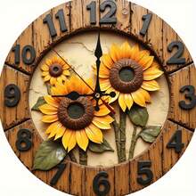 1PC 0x10in Country Sunflower Wooden Wall Clock - Silent Non-Ticking Quartz Movement, Vivid Yellow Sunflower And Green Leaf Design, Natural Wood Surface Treatment, Battery Operated (AA Batteries Not Included) - Perfect For Living Room, Bedroom, Kitchen Decoration - 棕色 - 查看 1