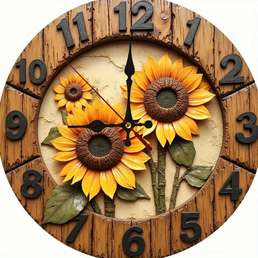 1PC 0x10in Country Sunflower Wooden Wall Clock - Silent Non-Ticking Quartz Movement, Vivid Yellow Sunflower And Green Leaf Design, Natural Wood Surface Treatment, Battery Operated (AA Batteries Not Included) - Perfect For Living Room, Bedroom, Kitchen Decoration - 棕色 - 查看 1