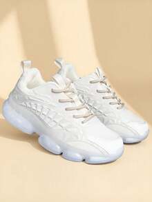 Men's Thick Sole Sneakers, Anti-Slip Durable Low-Top Round Toe Lace-Up Sports Shoes, Soft & Comfortable Knit Mesh Breathable Casual Running Shoes For Young Men, Suitable For Campus, Daily Commute And Leisure, Solid Color