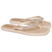 Women's Lumix Rhinestone Flip Flops With Straw Sole And Stylish Beach Flip Flops - Beige - View 3