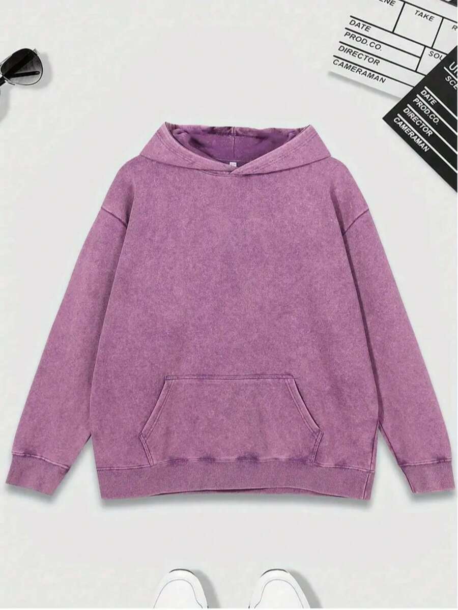 400G Heavyweight Washed Hoodie - Minimalist Solid Color - Streetwear Essential Versatile Daily Wear - Purple - View 1