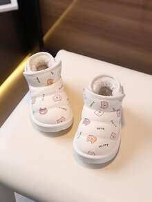 1 双儿童卡通图案合成皮革保暖钩环低帮平底可爱冬鞋，适合秋冬季日常穿着、玩耍和外出 - 白色 - 查看 15